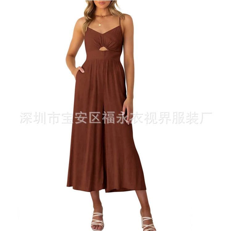 image-Amazon Wish2023 European and American Summer V-neck Brace Hollow Pleating High Waist Wide Leg Pocket Women's Jumpsuit