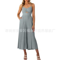 image-Amazon Wish2023 European and American Summer V-neck Brace Hollow Pleating High Waist Wide Leg Pocket Women's Jumpsuit