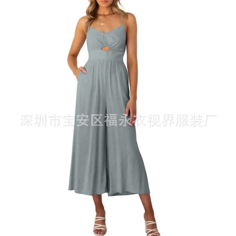 image-Amazon Wish2023 European and American Summer V-neck Brace Hollow Pleating High Waist Wide Leg Pocket Women's Jumpsuit