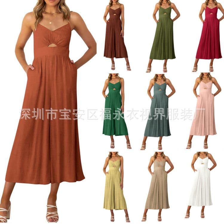 image-Amazon Wish2023 European and American Summer V-neck Brace Hollow Pleating High Waist Wide Leg Pocket Women's Jumpsuit