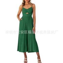 image-Amazon Wish2023 European and American Summer V-neck Brace Hollow Pleating High Waist Wide Leg Pocket Women's Jumpsuit