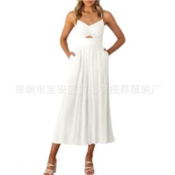 image-Amazon Wish2023 European and American Summer V-neck Brace Hollow Pleating High Waist Wide Leg Pocket Women's Jumpsuit