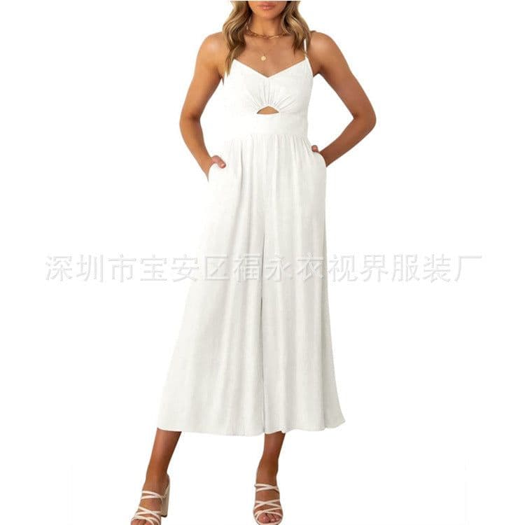 image-Amazon Wish2023 European and American Summer V-neck Brace Hollow Pleating High Waist Wide Leg Pocket Women's Jumpsuit