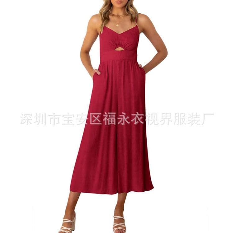 image-Amazon Wish2023 European and American Summer V-neck Brace Hollow Pleating High Waist Wide Leg Pocket Women's Jumpsuit