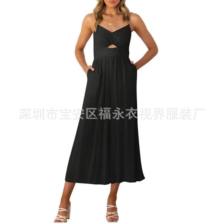 image-Amazon Wish2023 European and American Summer V-neck Brace Hollow Pleating High Waist Wide Leg Pocket Women's Jumpsuit