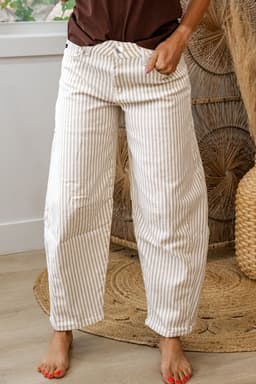image-Khaki Stripe Casual Barrel Jeans - Striped Denim Pants