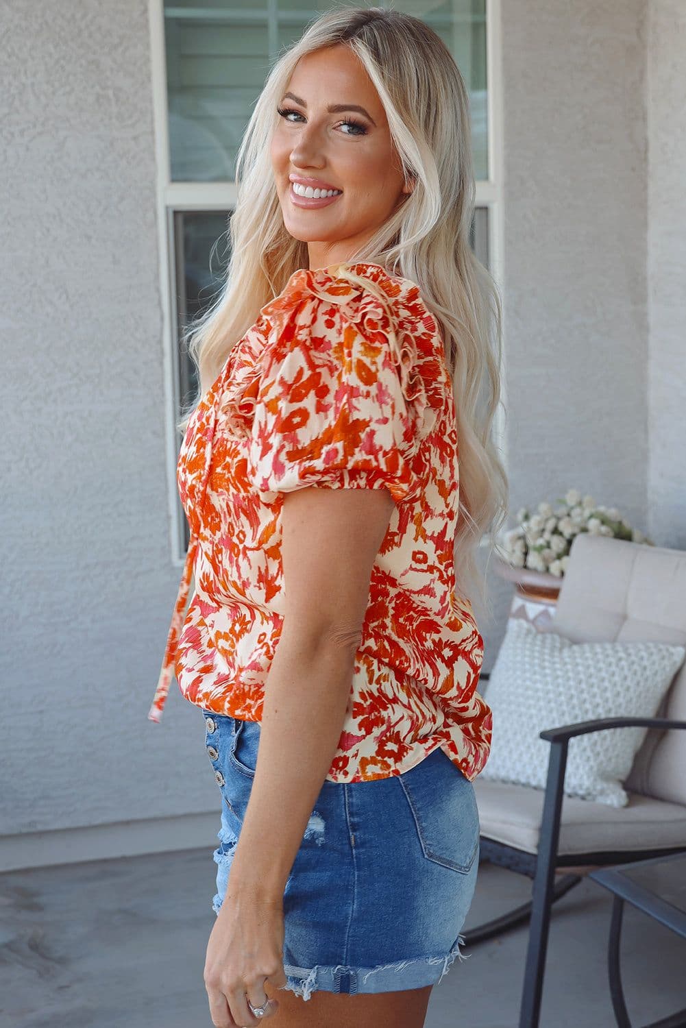 image-Floral Print Ruffled Short Puff Sleeve Split Neck Blouse - Orange (65 characters)
