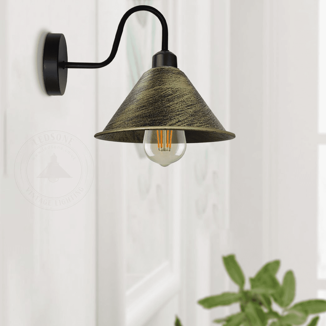 image-Brushed Brass Vintage Wall Light Fixture Black Wall Sconce E27 Base Socket Screw Wall Mounted Neck Cone Shape Shade