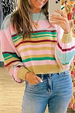image-Multicolour Striped Knit Ribbed Trim Boxy Fit Cropped Sweater
