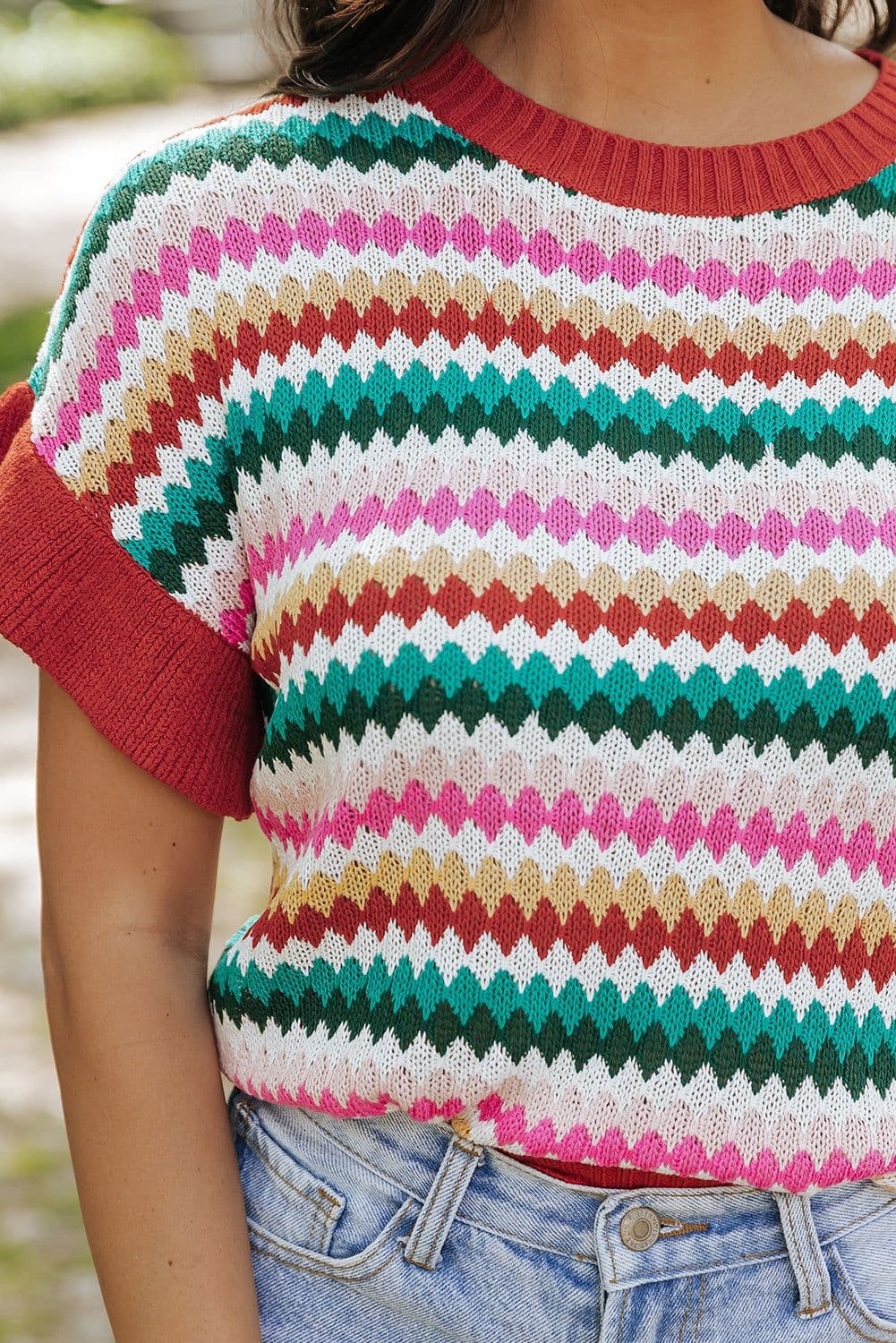 image-Fiery Red Trimmed Ruffle Sleeve Colorful Textured Sweater