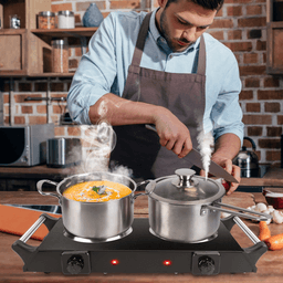 image-2000W Dual Burner Electric Hot Plate, 5 Temperature Settings (392℉-932℉), Portable Countertop Stove for All Flat Cookware, Fast & Even Heating, Easy to Clean, Ideal for Dorms, RVs, Apartments