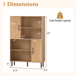 image-4-Tier Open Shelf Cabinet with 2 Doors - Natural, 176 LBS Capacity, Living Room Storage