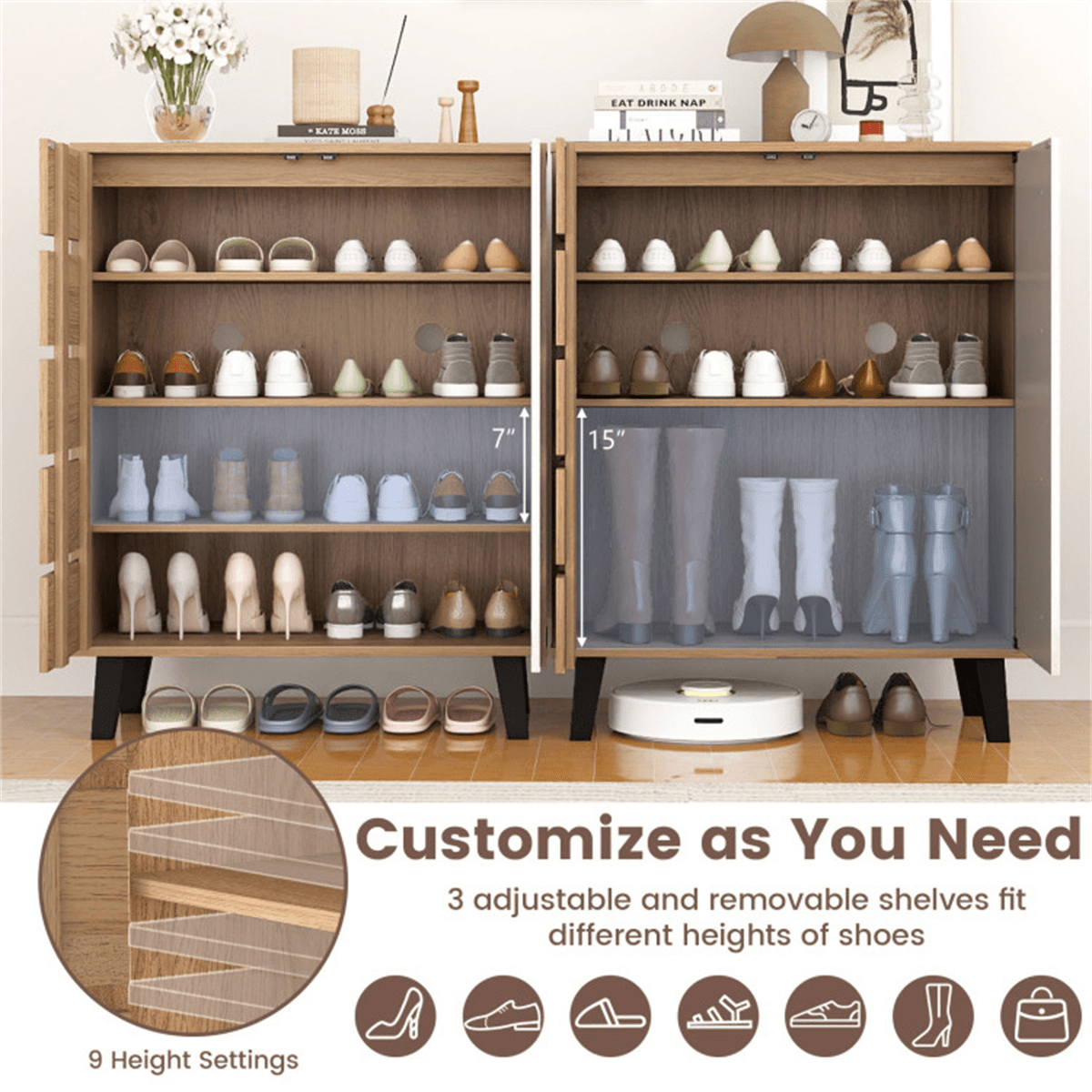 image-Farmhouse Shoe Cabinet - 29.5" Natural+White 4-Tier Adjustable Shelves