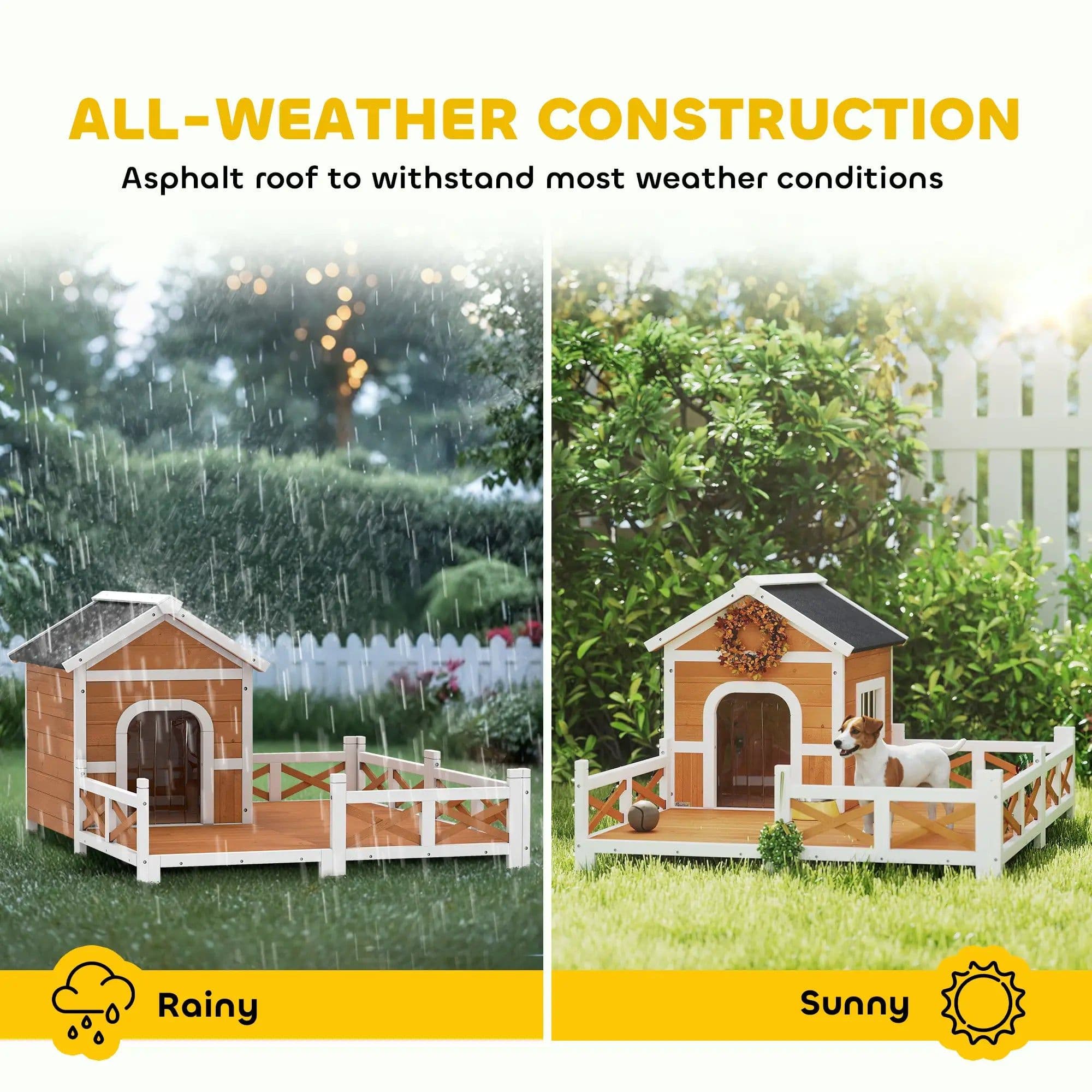 image-PawHut Outdoor Dog House - Small to Medium, Asphalt Roof, Wooden, 46.7"x55.9"x31.5"