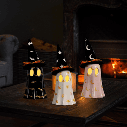 image-Halloween Decor Indoor, Set of 3 Ceramic Ghosts with Witch Hats, Cute Spooky Ghost Figurines for Mantel, Shelf & Tabletop Decor, Halloween Decorations
