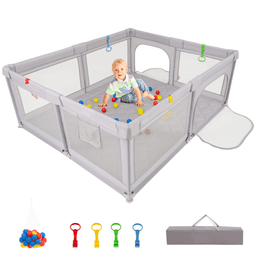 image-Portable Baby Play Yard - Grey, 73"x61.5"x27", Mesh, Carry Bag
