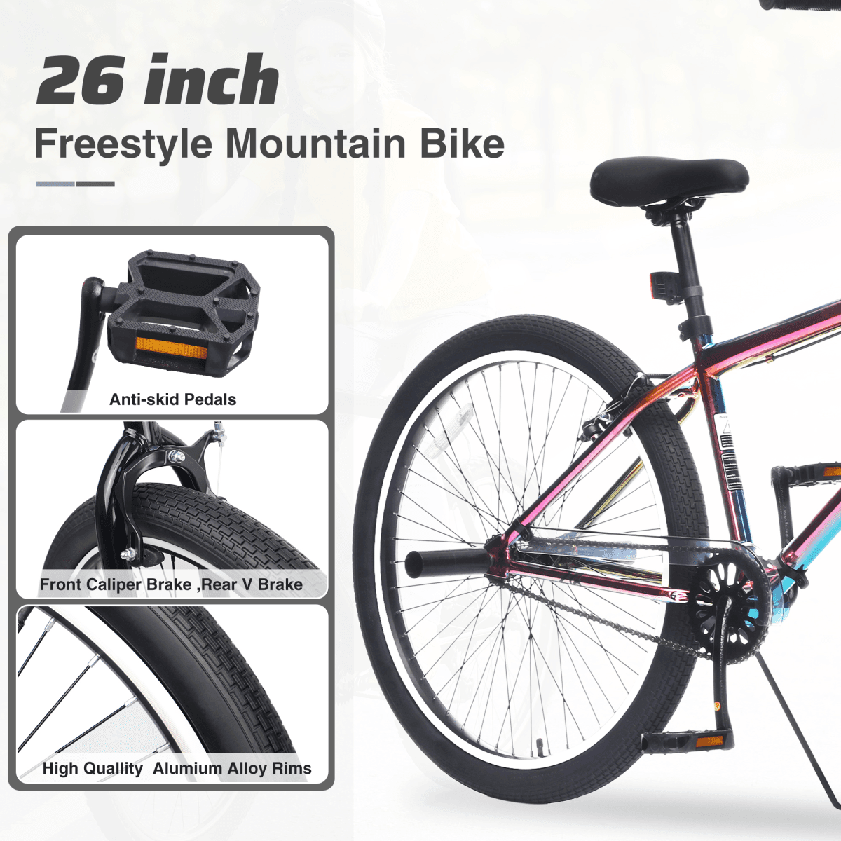 image-26 Inch Freestyle Bike for Teens, Steel Frame Single-Speed Bicycle with 2 Pegs , Front Caliper Brake and Rear V Brake, Bicycle for Boys and Girls Ages 14+