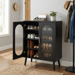 image-Black Shoe Cabinet with LED USB Light, 4-Tier Shelves, 24-Key Adjustable Lighting, 68x40x83.5 cm