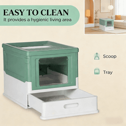 image-Stainless Steel Enclosed Cat Litter Box with Lid & Scoop - Green/White