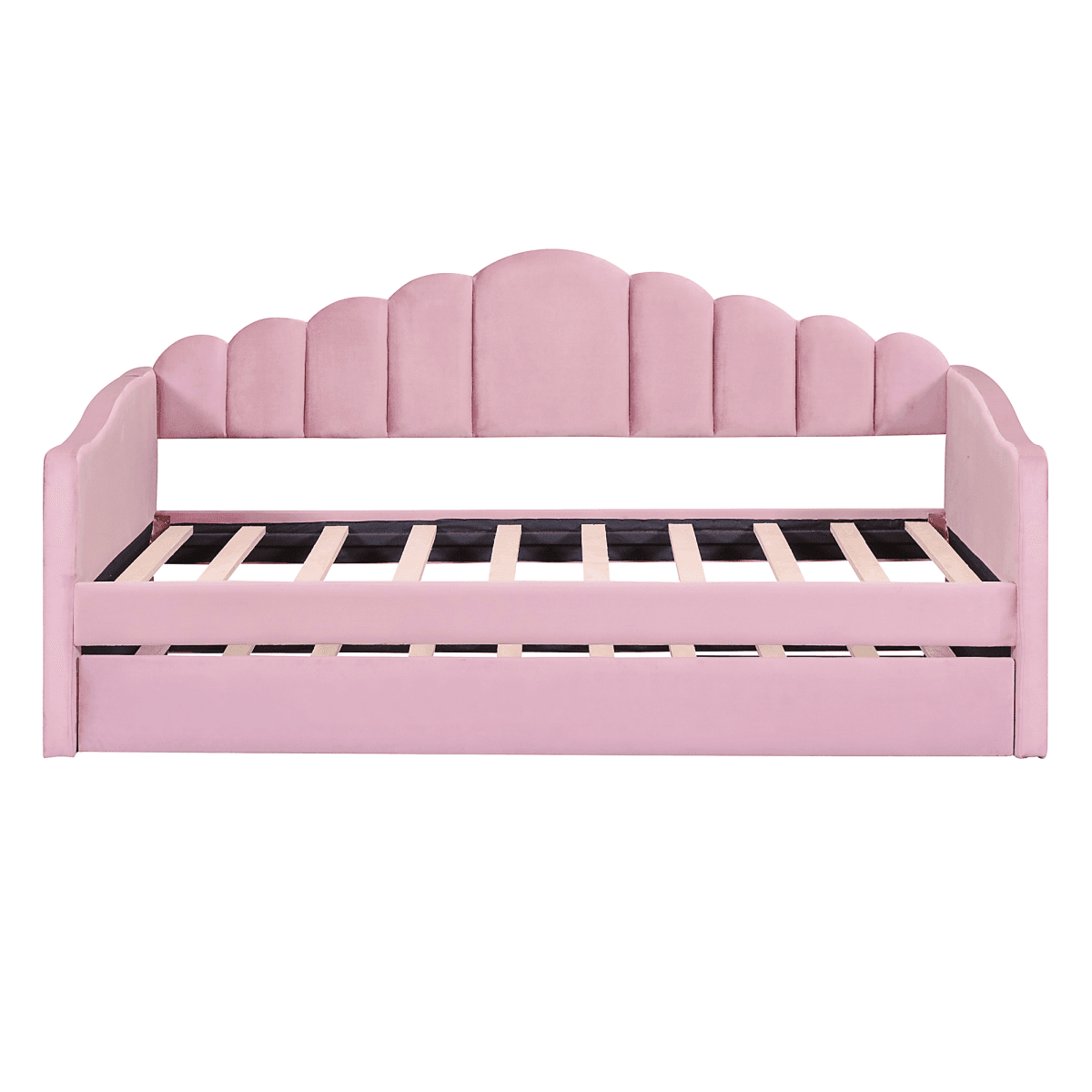 image-Twin Size Velvet Sofabed with USB, No Box Spring Needed, Trundle, Pink (58 characters)
