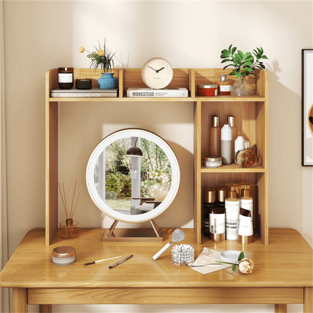 image-Beige Bookshelf for 27'' Monitor, Engineered Wood, 100 lbs Capacity