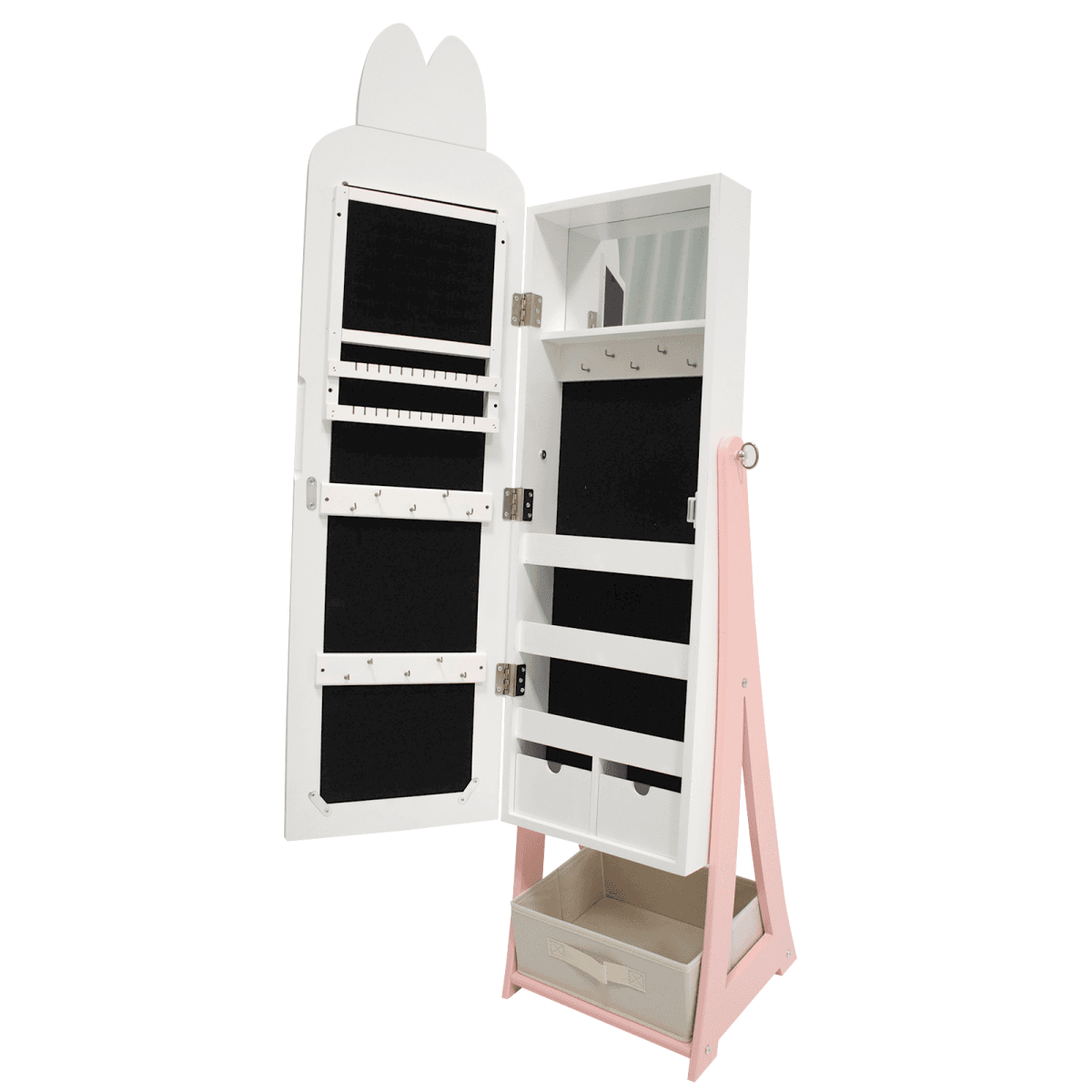 image-White Bunny MDF Jewelry Cabinet - 1 Door 1 Drawer - Kids Mirror Storage