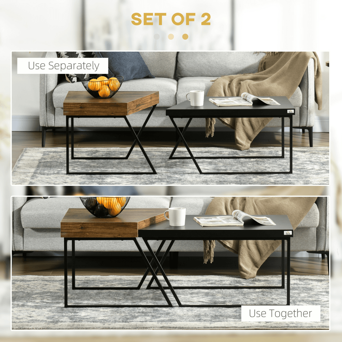 image-HOMCOM Set of 2 Industrial Coffee Tables - Wood Effect & Black