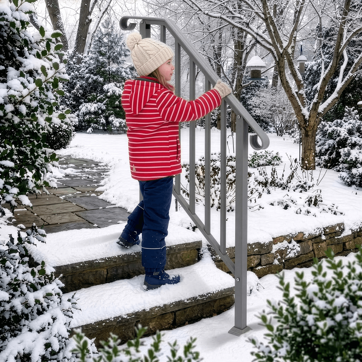 image-Silver Outdoor 2-Step Iron Handrail
