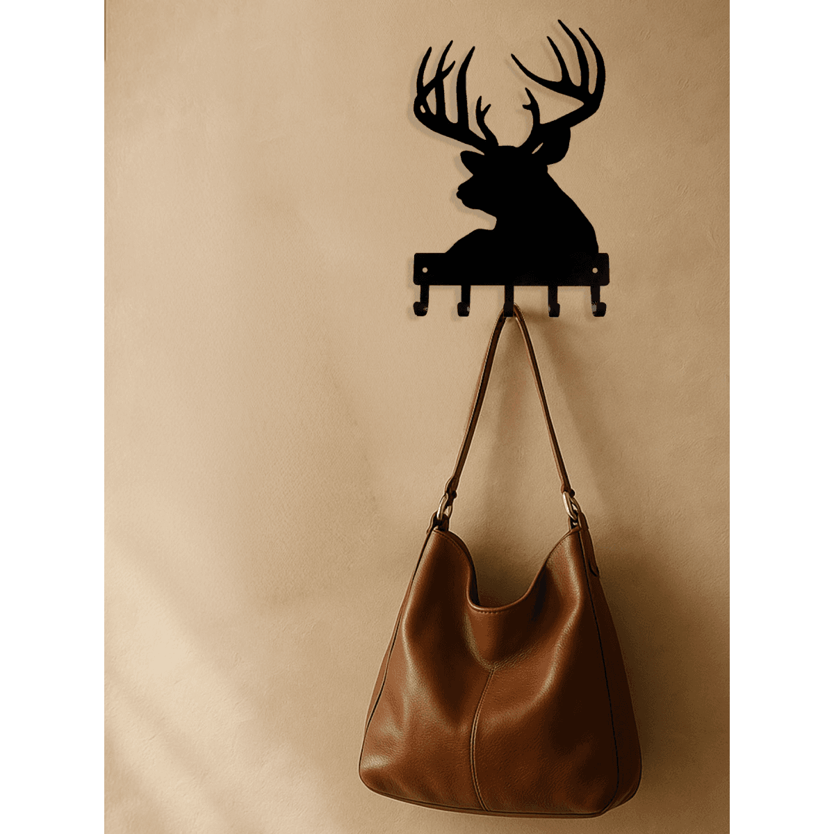 image-Vintage Wall Shelf Coat Rack - Black Iron with Wooden Antelope Hooks