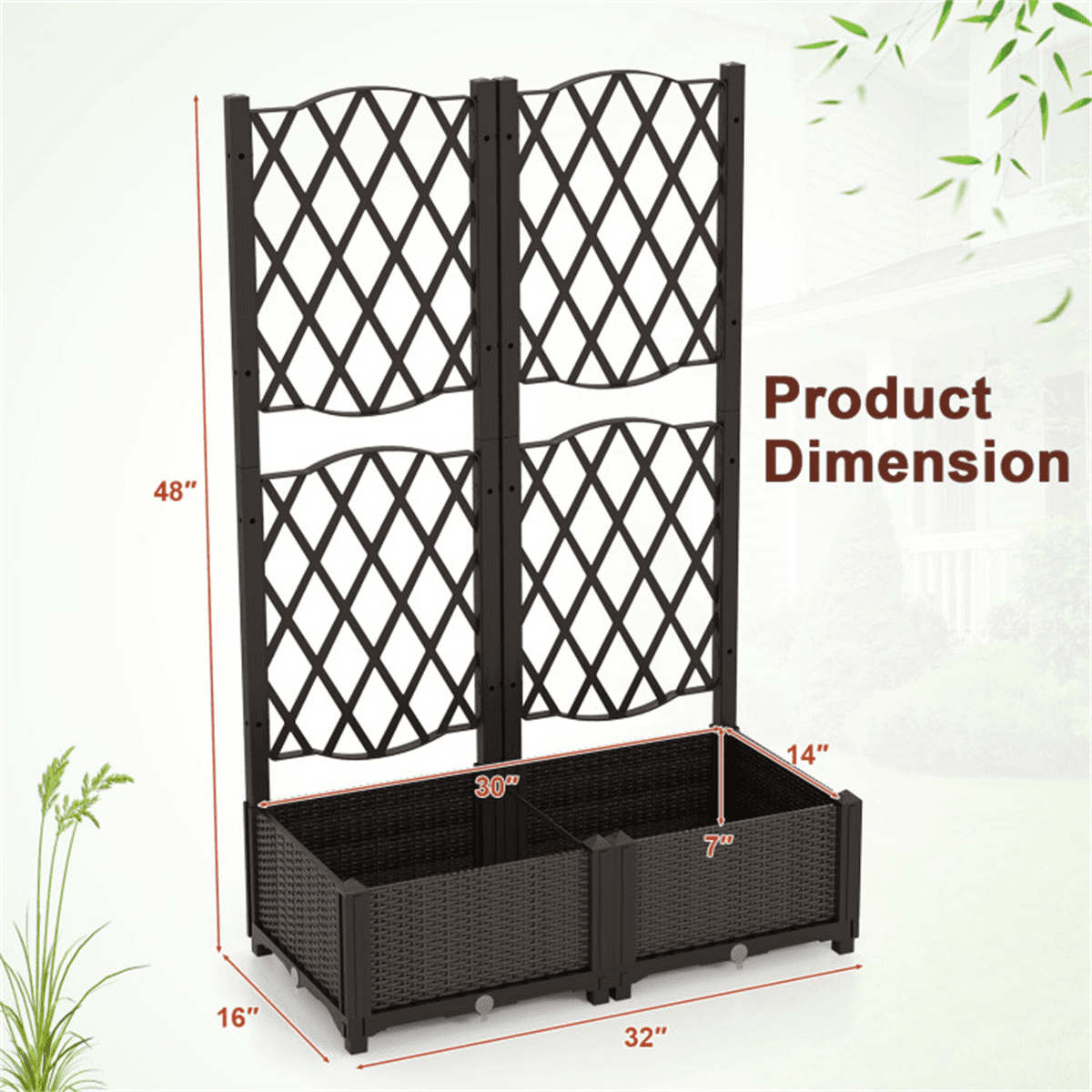image-Rustic Trellis Planters Set of 2, Garden Boxes for Indoor Outdoor, Self-Watering, Brown