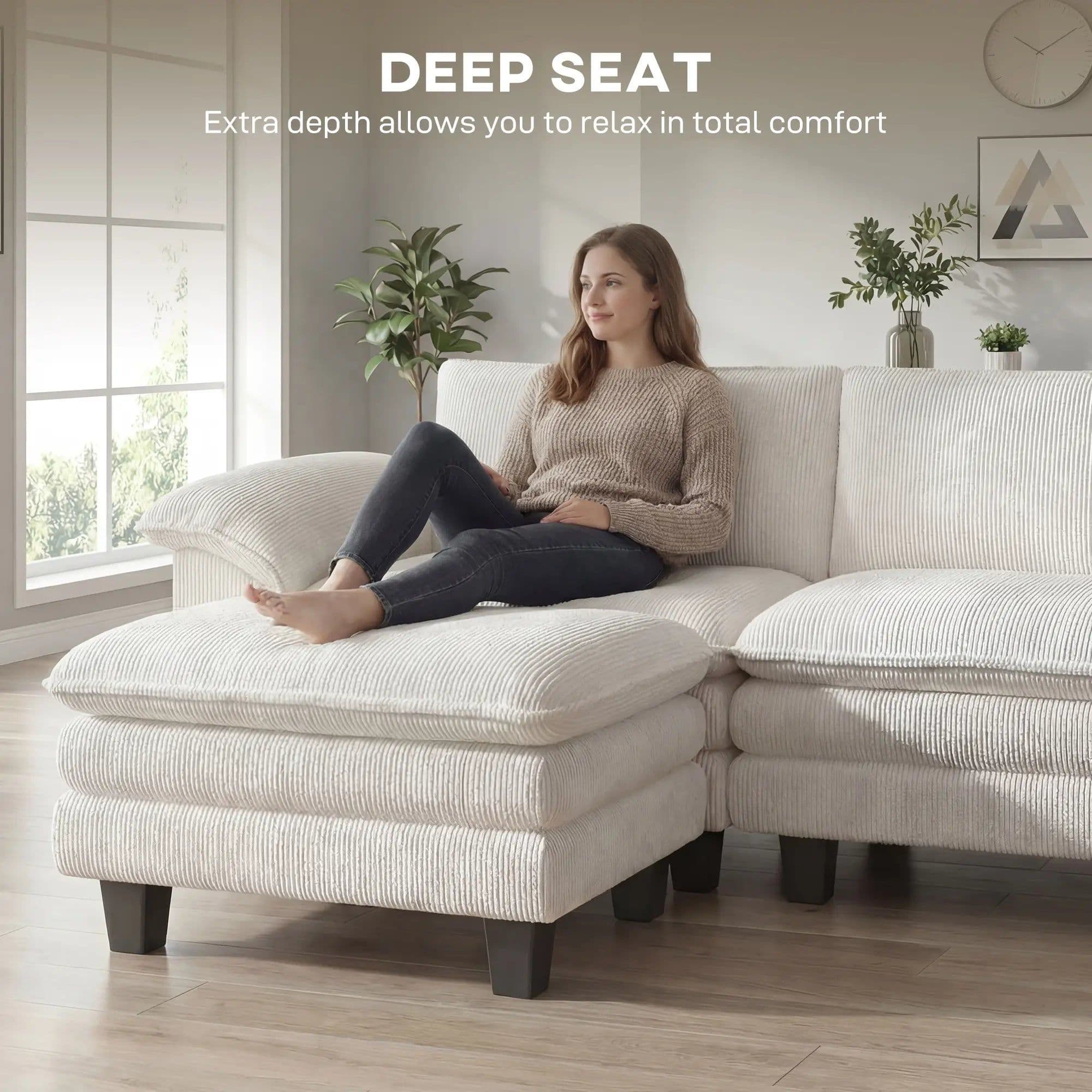 image-Sofa Bed - Beige Corduroy with Pocket Springs, 124.4" Wide, Ottoman Included