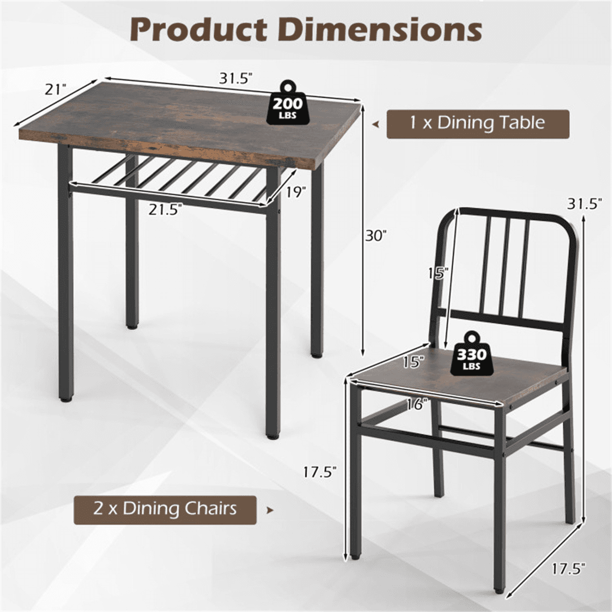 image-3-Piece Dining Table Set Rustic Brown Black