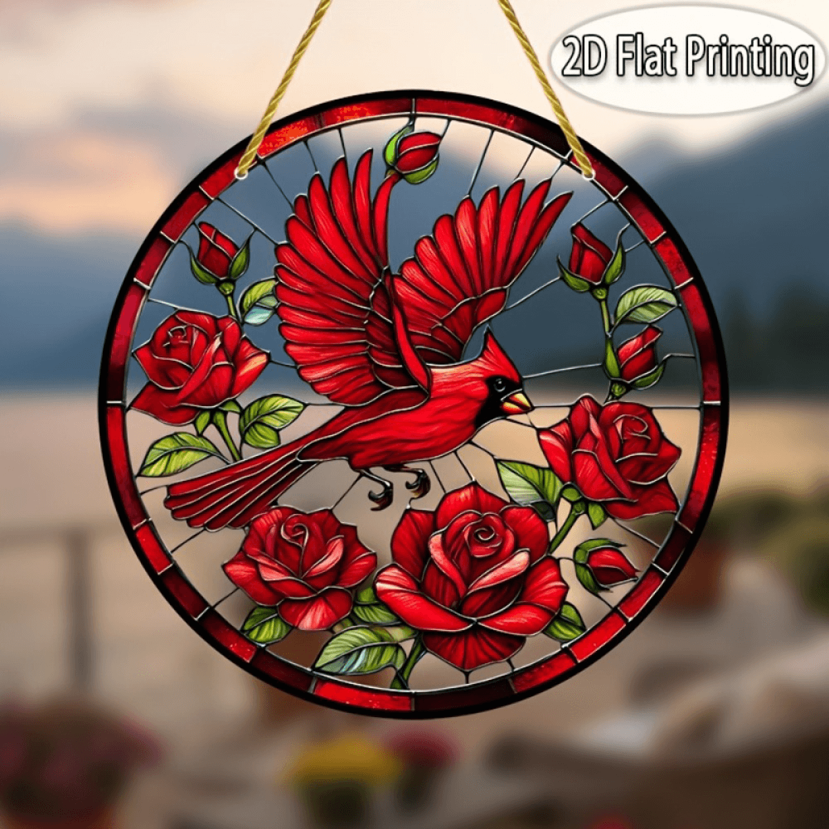image-Retro Red Bird Sun Catcher Colorful Pendant Festive Decoration 20x20cm