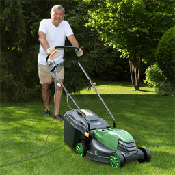 image-12A Electric Lawn Mower - 13.5" Cut, Dual Safety, Green