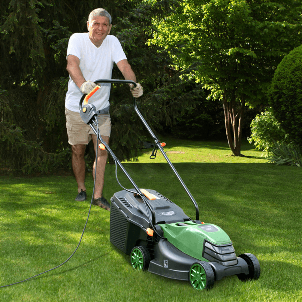 image-12A Electric Lawn Mower - 13.5" Cut, Dual Safety, Green