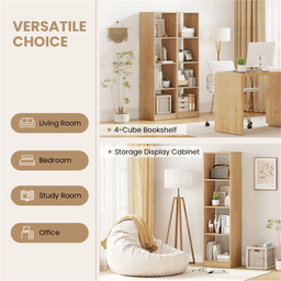 image-Narrow 5-Tier Bookcase - Natural Engineered Wood - 4-Cube Storage