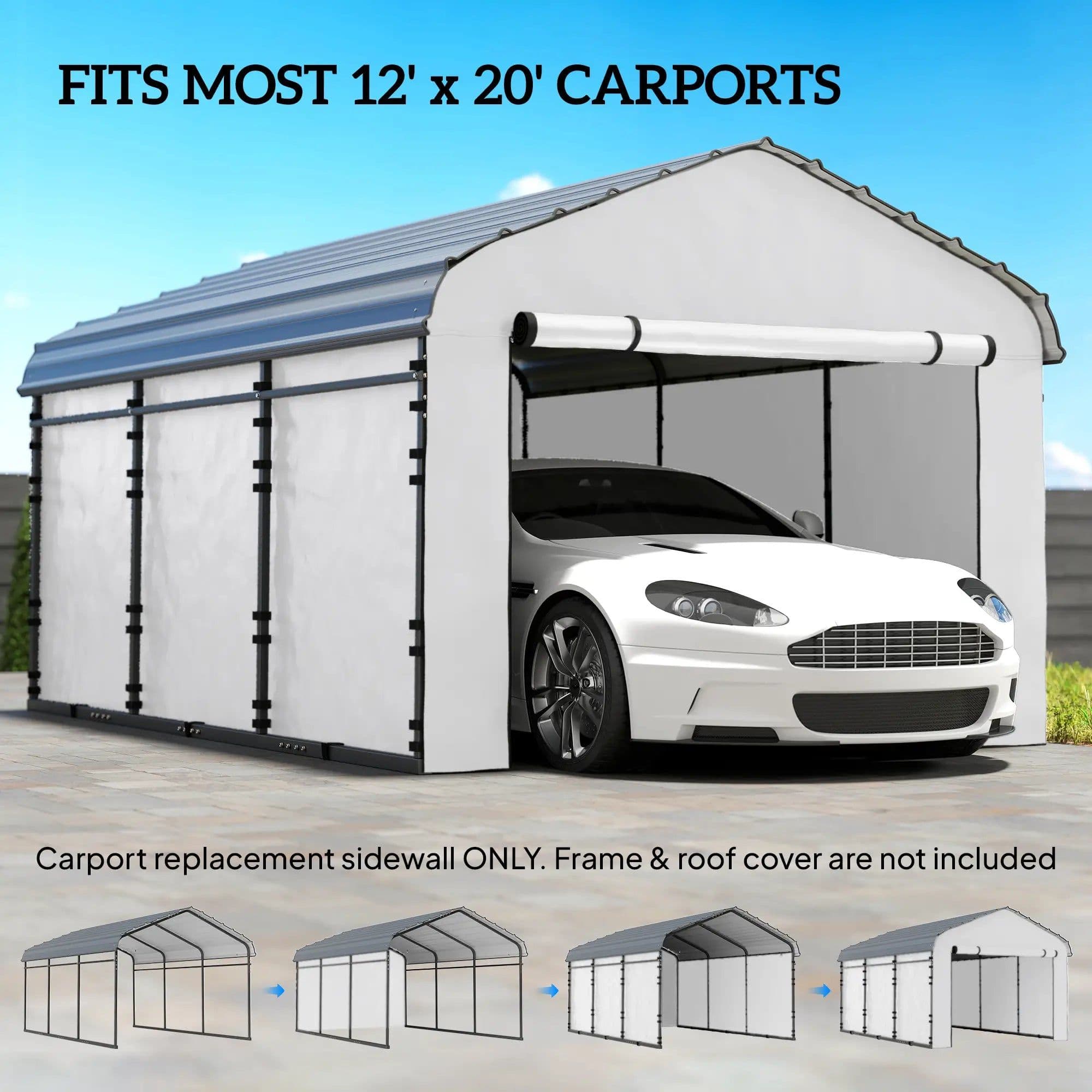 image-Carport Sidewall Panel - White, UPF50+ PE Fabric, Fits Most 12'x20' Carports