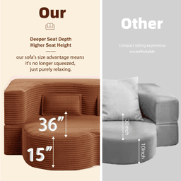 image-Modern Floor Sofa with 2 Pillows,Convertible Plush Corduroy Foam-Filled Sleeper Sofa Bed,15" Full Size Folding Mattress for Living Room,Guest Bed,no assembly required,Orange
