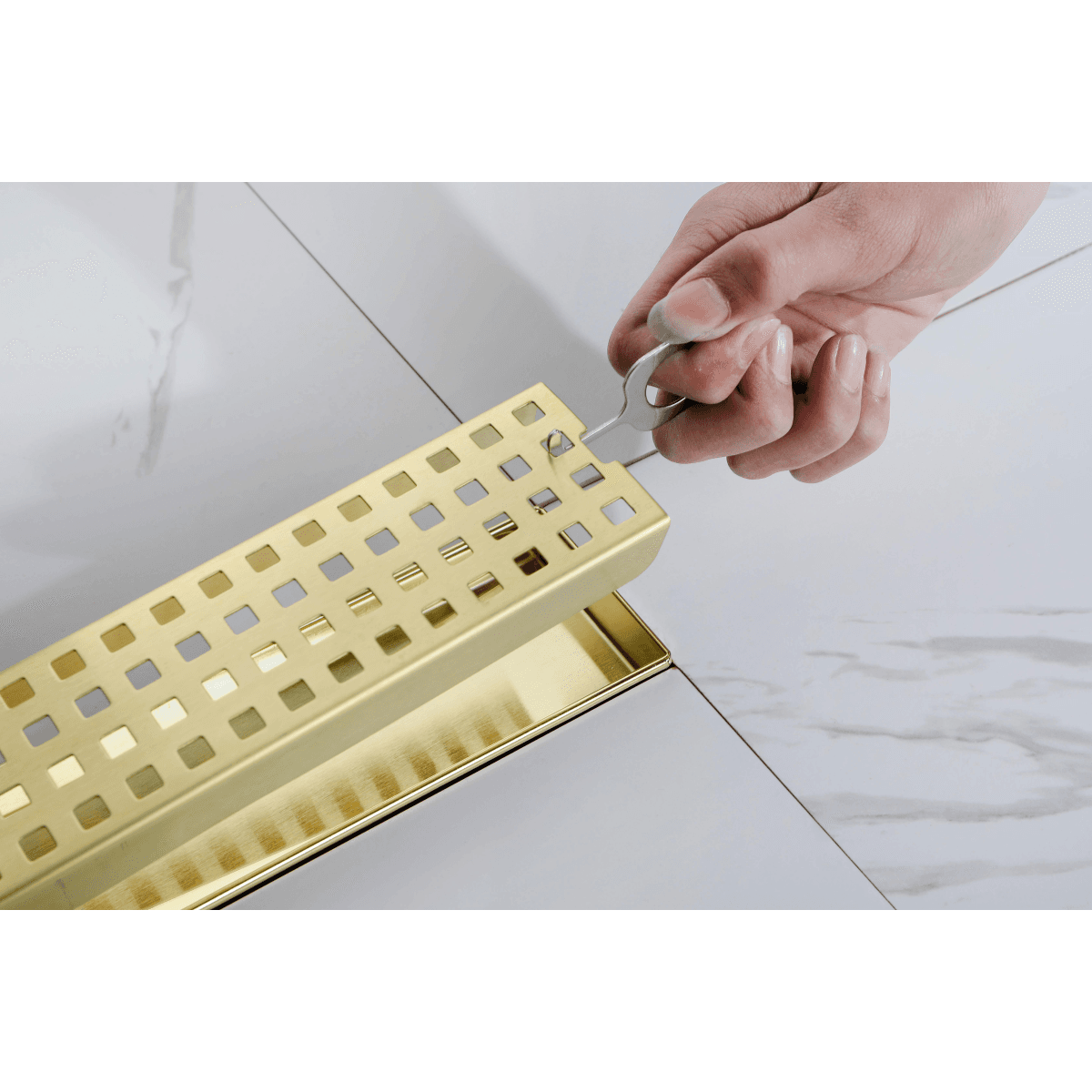 image-24 Inch Linear Shower Drain, Removable Grate, 304 Stainless Steel, Brushed Gold