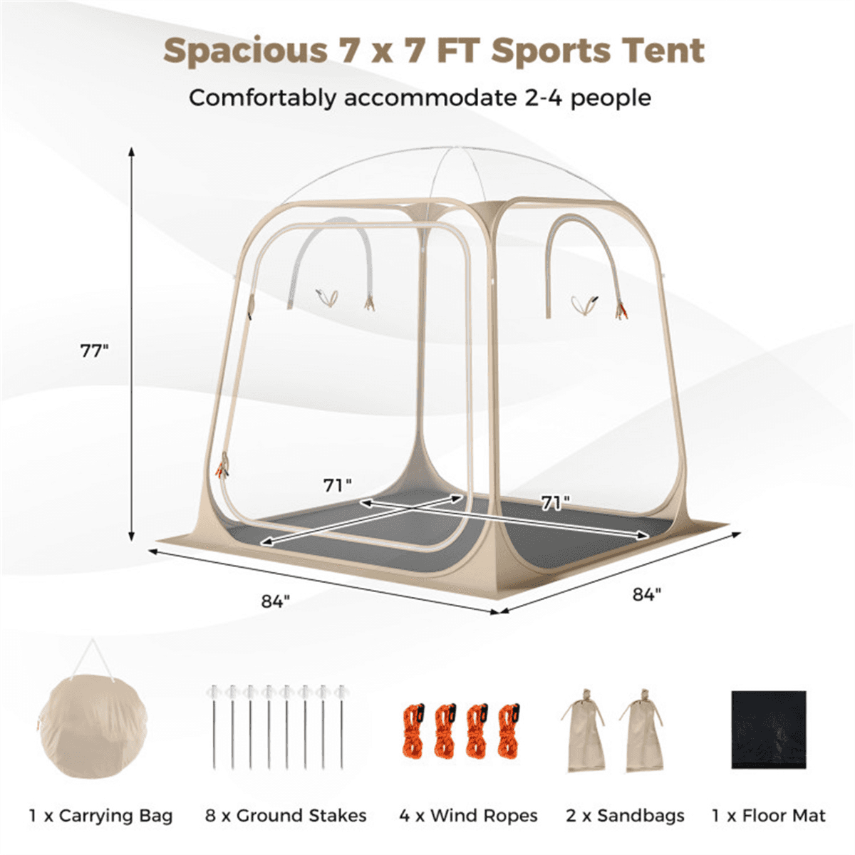 image-Clear Pop Up Sports Tent, 7×7FT Waterproof PVC Pod for Camping, 2-4 People