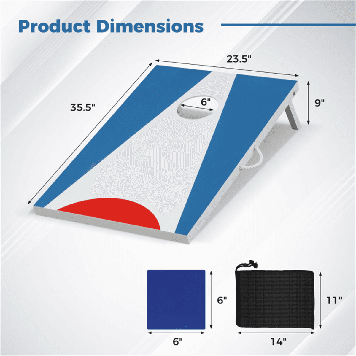 image-Cornhole Board Set - 3'x2' with 8 Bean Bags Blue+Red+White, Portable Outdoor Game