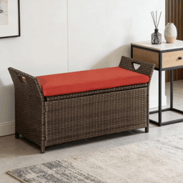 image-Storage Box - Brown Rattan, Red Cushion - 43.25" x 17.75" x 20.25"