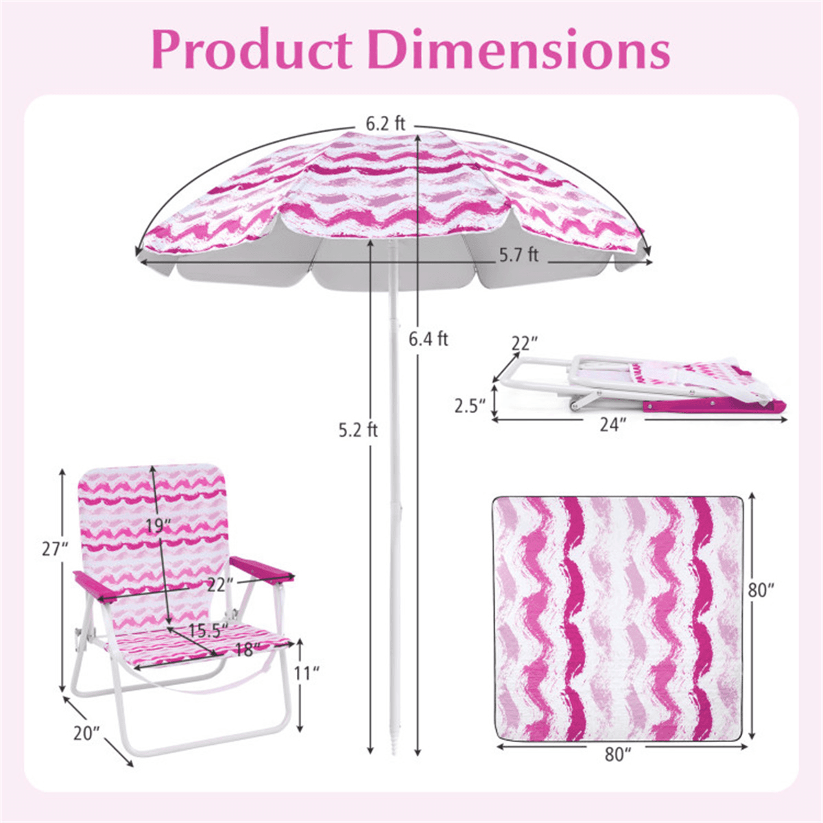 image-4-Piece Beach Set - 6.2ft Umbrella, 2 Chairs & Blanket Pink