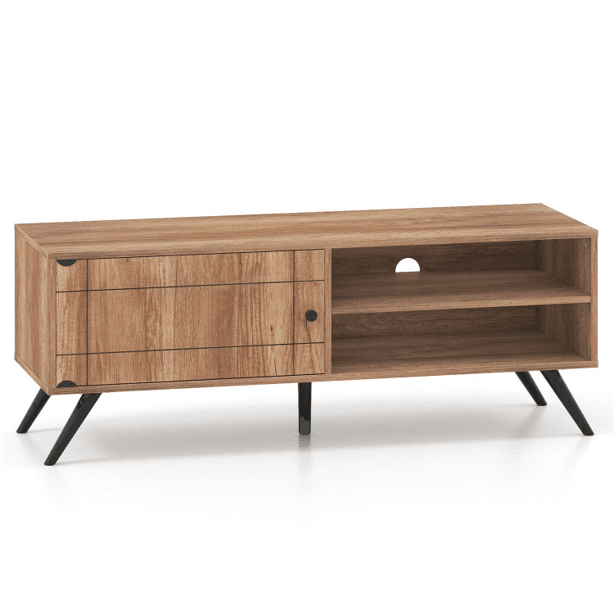 image-Mid-Century Oak TV Stand for 55" TVs, 210 lbs Storage Cabinet with Cable Management