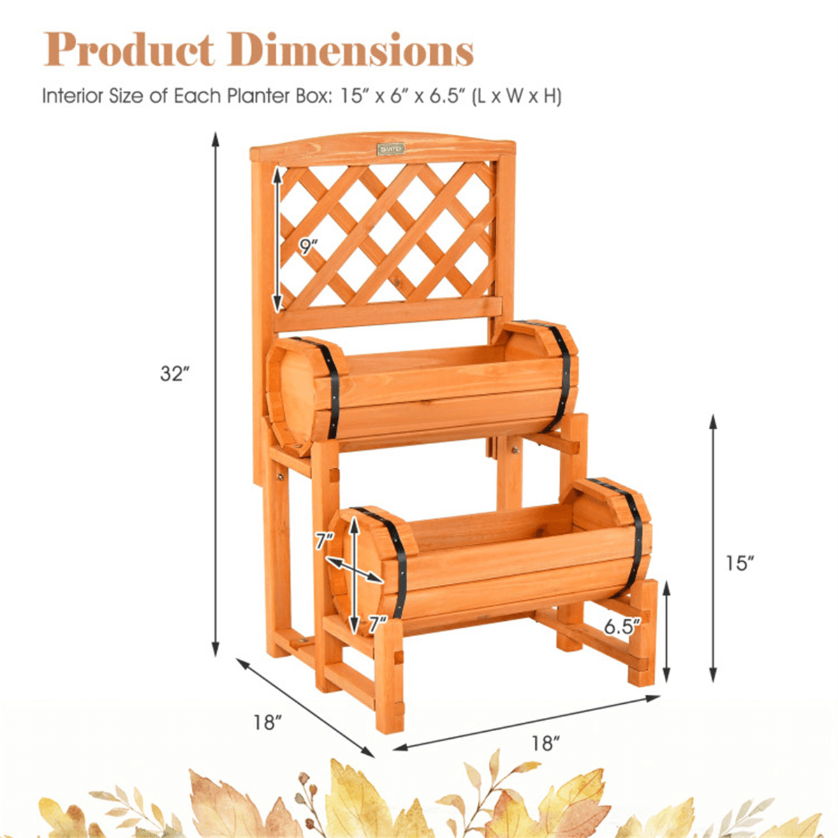 image-Solid Fir 2-Tier Garden Bed Trellis Cylinder Planter - Orange