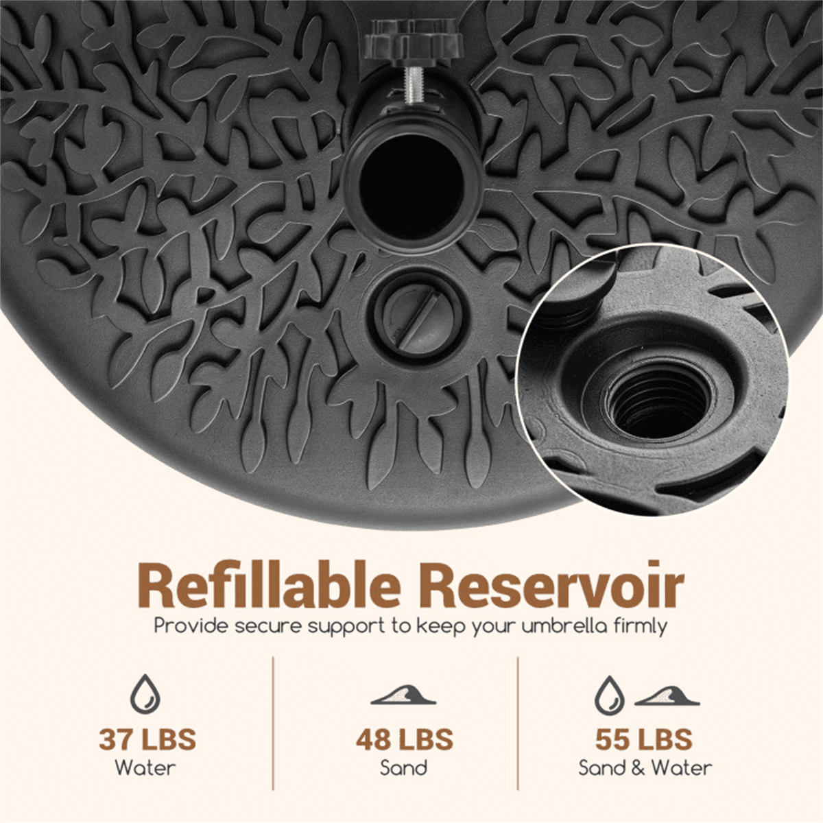 image-Refillable Half-Round Umbrella Base - 55 LBS Mixed Fill Stability, Black