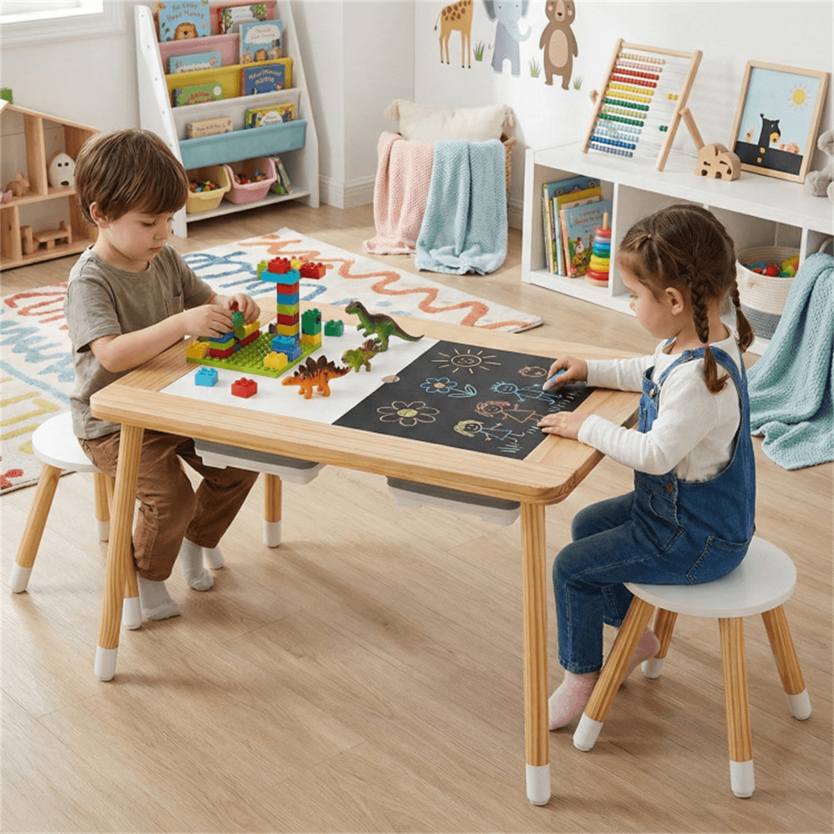 image-Kids Activity Table & Chairs Set, Pine Wood, Foldable Storage Bins, Ages 3+