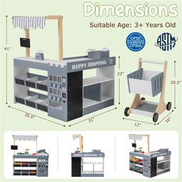 image-Kids Supermarket Playset with Vending Machine, 35.5"x31"x41", Gray Wooden