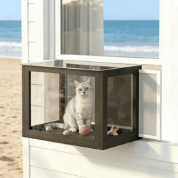 image-Window-Mounted Catio Cat Enclosure - Black & White Fir Wood