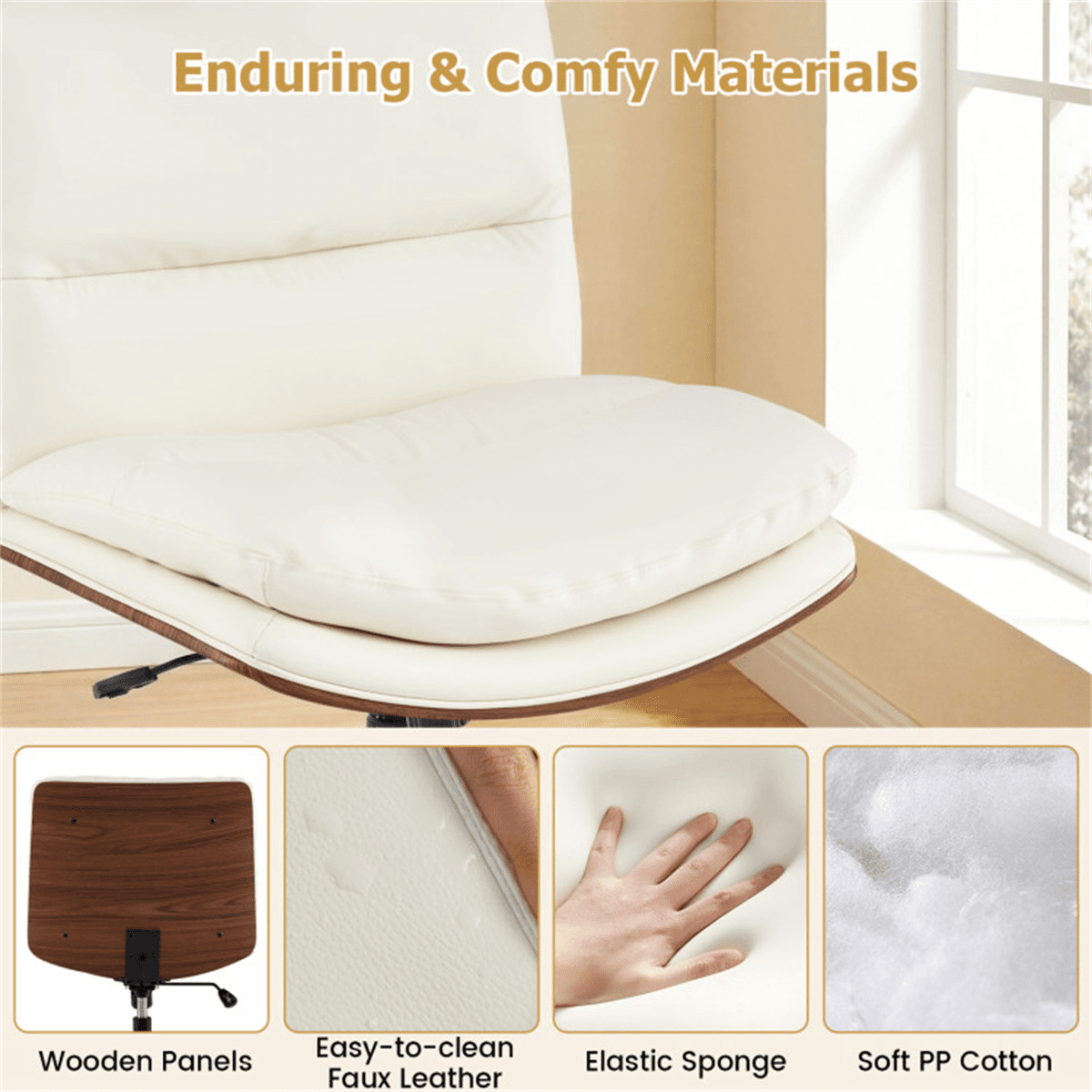 image-White Armless Office Chair , Curved Backrest & Wide Seat, 360° Swivel & Rocking Function